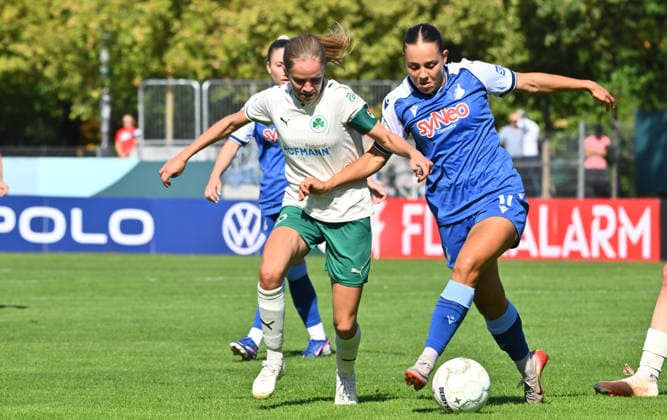 27.09.2026 - Fussball - Saison 2026 2027 - DFB Pokal Vereinspokal Frauen Damen - 01. Runde: SpVgg Greuther Fürth ( Kleeblatt ) - TSG 1899 Hoffenheim - Sportfoto Zink - xwoxzix - regulations prohibit any use of photographs as image sequences and or quasi-video - Elena Grill (6, SpVgg Greuther Fürth ) Linda Mathilde Natter (11, TSG Hoffenheim )