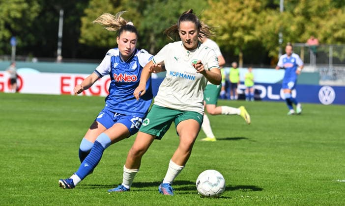27.09.2026 - Fussball - Saison 2026 2027 - DFB Pokal Vereinspokal Frauen Damen - 01. Runde: SpVgg Greuther Fürth ( Kleeblatt ) - TSG 1899 Hoffenheim - Sportfoto Zink - xwoxzix - regulations prohibit any use of photographs as image sequences and or quasi-video - Janna Grimm (26, TSG Hoffenheim ) Aurora Tornaquindici (16, SpVgg Greuther Fürth )