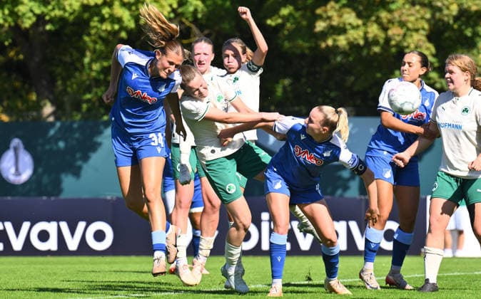 27.09.2026 - Fussball - Saison 2026 2027 - DFB Pokal Vereinspokal Frauen Damen - 01. Runde: SpVgg Greuther Fürth ( Kleeblatt ) - TSG 1899 Hoffenheim - Sportfoto Zink - xwoxzix - regulations prohibit any use of photographs as image sequences and or quasi-video - Svenja Vöhringer (34, TSG Hoffenheim ) erzielt Treffer Tor Torschuß zum 0:3 gegen Hanna Sauer (5, SpVgg Greuther Fürth )