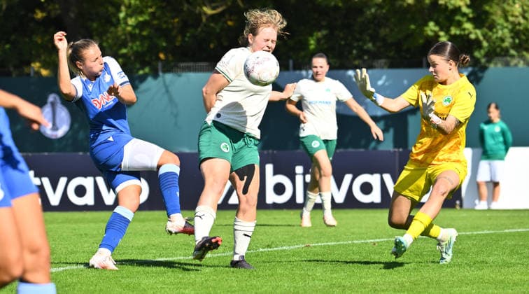 27.09.2026 - Fussball - Saison 2026 2027 - DFB Pokal Vereinspokal Frauen Damen - 01. Runde: SpVgg Greuther Fürth ( Kleeblatt ) - TSG 1899 Hoffenheim - Sportfoto Zink - xwoxzix - regulations prohibit any use of photographs as image sequences and or quasi-video - Martine Fenger (15, TSG Hoffenheim ) Ann-Kathrin Wolfram (13, SpVgg Greuther Fürth ) Lisa Bayer (1, SpVgg Greuther Fürth ) Chance Torchance