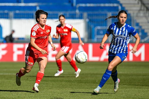 Fußball I Frauen I Saison 2026-2027 I DFB-Pokal I 1. FC Magdeburg - 1. FC Union Berlin I 27.09.2026 Tomke Schneider (2, 1. FC Union Berlin), Kira Bölke (7, 1. FC Magdeburg) Magdeburg Avnet Arena (Heinz-Krügel-Platz 1) Sachsen-Anhalt Deutschland Copyright: xLobeca InesxHähnelx