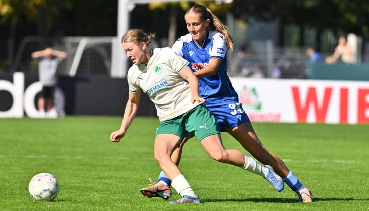 27.09.2026 - Fussball - Saison 2026 2027 - DFB Pokal Vereinspokal Frauen Damen - 01. Runde: SpVgg Greuther Fürth ( Kleeblatt ) - TSG 1899 Hoffenheim - Sportfoto Zink - xwoxzix - regulations prohibit any use of photographs as image sequences and or quasi-video - Judith Gruber (11, SpVgg Greuther Fürth ) Svenja Vöhringer (34, TSG Hoffenheim )