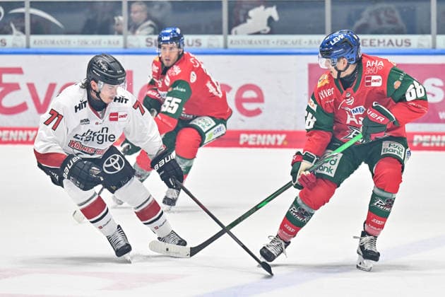 Penny DEL; Augsburger Panther - Kölner Haie, 27.09.2026 AUGSBURG, GERMANY; 27. SEPTEMBER: im Duell Daniel FISCHBUCH (Kölner Haie 71) und Fabrizio PILU (Augsburger Panther 68) während dem Match der Penny DEL zwischen den Augsburger Panthern und den Kölner Haien am 4. Spieltag im Curt Frenzel Stadion Copyright: xBEAUTIFULxSPORTS Goldbergx