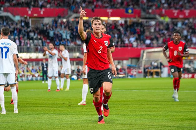Fussball: Österreich Nationalteam: UEFA Nations League 2026 2027 - Liga B, Gruppe B3, 2. Spieltag, 27.09.2026 - Österreich (ÖFB) vs. Kosovo (FFK) - Ernst-Happel-Stadion (Wien, Österreich); David Affengruber (Österreich, 2) mit dem Tor zum 1:0 - Tor, Torjubel, Jubel Copyright: xLukasxBierederx