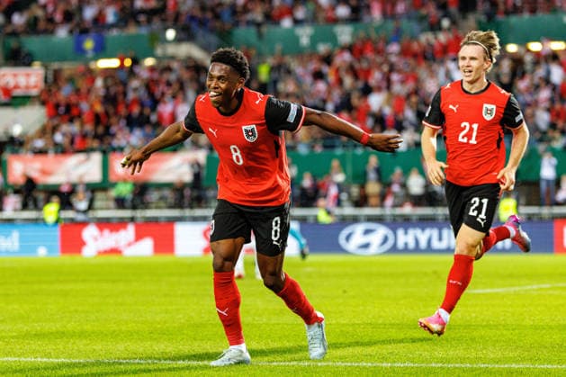 VIENNA, AUSTRIA - 27 SEPTEMBER 2026: Image shows Adamu Junior (Austria, 8) and Wimmer Patrick (Austria, 21) celebrating the second goal for Austria during UEFA Nations League 2026 27 League B, Group B3, Matchday 2: Austria vs Kosovo at Ernst-Happel-Stadion on 27 09 2026 in Vienna, Austria. Austria Copyright: xFröhlichxPascalx
