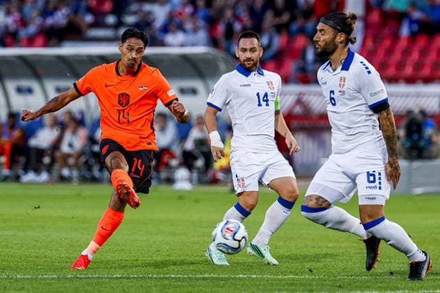 BELGRADE - Tijjani Reijnders of the Netherlands shoots during the UEFA Nations League match between Serbia and the Netherlands at the Rajko Mitic Stadium on September 27, 2026, in Belgrade, Serbia. MARCEL TER BALS ANP UEFA Nations League 2026 27 xVIxANPxSportx xMarcelxterxBalsxIVx 570426301 originalFilename: 570426301.jpg