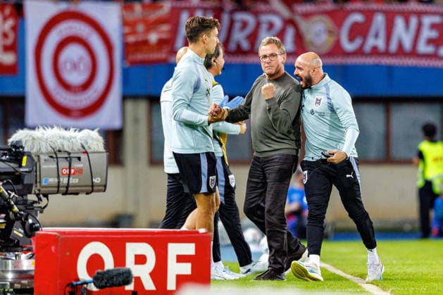VIENNA, AUSTRIA - 27 SEPTEMBER 2026: Image shows Head Coach Rangnick Ralf (Austria) with fist celebrating the second goal for Austria during UEFA Nations League 2026 27 League B, Group B3, Matchday 2: Austria vs Kosovo at Ernst-Happel-Stadion on 27 09 2026 in Vienna, Austria. Austria Copyright: xFröhlichxPascalx