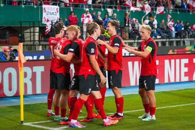Fussball: Österreich Nationalteam: UEFA Nations League 2026 2027 - Liga B, Gruppe B3, 2. Spieltag, 27.09.2026 - Österreich (ÖFB) vs. Kosovo (FFK) - Ernst-Happel-Stadion (Wien, Österreich); Carney Chukwuemeka (Österreich, 17) mit dem Tor zum 3:0 - Jubel, Torjubel Copyright: xLukasxBierederx
