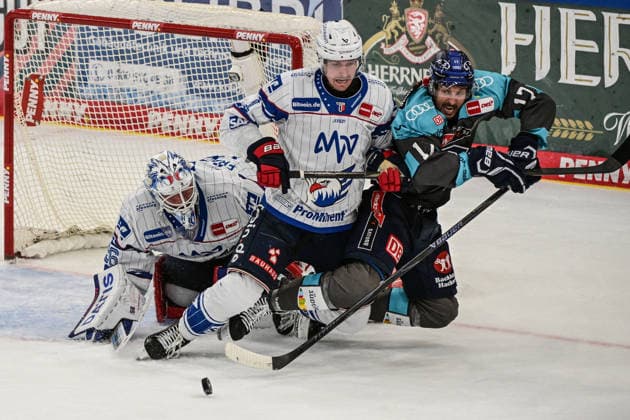 Penny DEL 26 27: Penny DEL Ingolstadt vs. Adler Mannheim; Ingolstadt, 27.09.2026 Gefahr vor dem Tor von JÃ rÃ mie Poirier (Adler Mannheim, 54); Abbott Girduckis (ERC Ingolstadt, 17) versucht die Scheibe zu erreichen. Ingolstadt; 27.09.2026; Penny DEL; 4. Spieltag, ERC ingolstadt gegen Adler Mannheim; SATURN Arena Ingolstadt Copyright: xBEAUTIFULxSPORTS Märklx