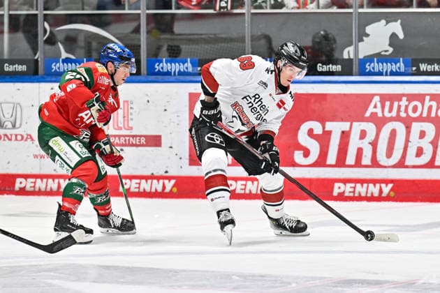 Penny DEL; Augsburger Panther - Kölner Haie, 27.09.2026 AUGSBURG, GERMANY; 27. SEPTEMBER: im Duell Kyle MAYHEW (Augsburger Panther 27) und Gregor MACLEOD (Kölner Haie 89) während dem Match der Penny DEL zwischen den Augsburger Panthern und den Kölner Haien am 4. Spieltag im Curt Frenzel Stadion Copyright: xBEAUTIFULxSPORTS Goldbergx