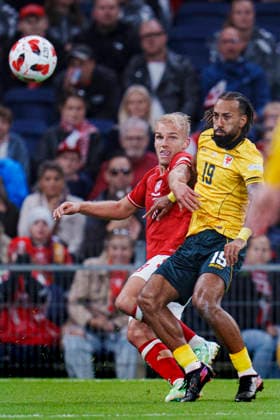 Nations League: Denmark - Wales Denmark s Gustav Isaksen and Wales Sorba Thomas during the Nations League match between Denmark and Wales at Parken, Sunday, September 27, 2026. (Photo: Liselotte Sabroe Ritzau Scanpix) , Copenhagen Denmark Copyright: Ritzau Scanpix LiselottexSabroex spdk20260927-202432-L