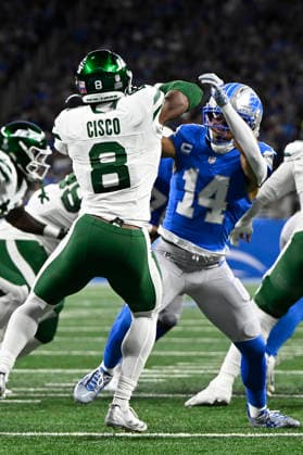 Sep 27, 2026; Detroit, MI, USA; Detroit Lions wide receiver Amon-Ra St. Brown (14) throws a block against New York Jets safety Andre Cisco (8) at Ford Field. Mandatory Credit: -Cal Media NFL, American Football Herren, USA 2026: Jets Vs Lions SEP 27  - ZUMAc04_ 20260927_zma_c04_024 Copyright: xAllanxDranbergx