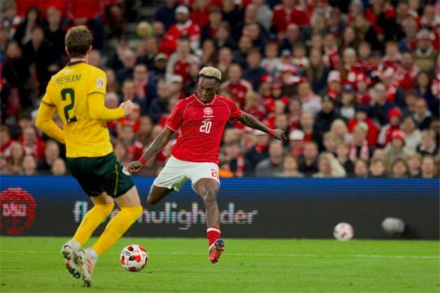 RECORD DATE NOT STATED Football - UEFA Nations League - Group A4 - Denmark v Wales COPENHAGEN, DENMARK - Sunday, September 27, 2026: Denmark s Mohamed Daramy shoots wide during the UEFA Nations League Group A4 Matchday 2 match between Denmark and Wales at the Parken Stadium. Denmark won 2-0. (Photo by Amanda McMaster Propaganda) COPENHAGEN Parken Stadium COPENHAGEN DENMARK  Copyright: xAmandaxMcMasterx 2026-09-27-Denmark_v_Wales-048