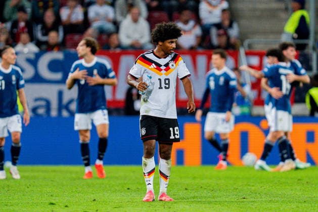 Nations League, Gruppe A, 2. Spieltag, Deutschland vs. Griechenland am 27.09.2026 in der WWK Arena in Augsburg Tor zum 0:1 durch Dimitrios Kourbelis Karim Adeyemi (Deutschland) Copyright: xBahhoxKarax