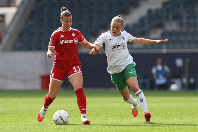 Sarah Mattner-Trembleau (FC Bayern Muenchen) und Luca Graf (Borussia Moenchengladbach) im Zweikampf waehrend des Spiels des DFB-Pokal der Frauen zwischen Borussia Moenchengladbach und FC Bayern Muenchen, ista-Borussia-Park am 27. September 2026 in Moenchengladbach, Deutschland. (Foto von Oliver Kaelke DeFodi Images) +++ Sarah Mattner-Trembleau (FC Bayern Muenchen) und Luca Graf (Borussia Moenchengladbach) battle for the ball during the DFB-Pokal der Frauen match between Borussia Moenchengladbach and FC Bayern Muenchen at ista-Borussia-Park on September 27, 2026 in Moenchengladbach, Germany. (Photo by Oliver Kaelke DeFodi Images) DFB DFL REGULATIONS PROHIBIT ANY USE OF PHOTOGRAPHS AS IMAGE SEQUENCES AND OR QUASI-VIDEO. (Photo by Oliver Kaelke DeFodi Images) -