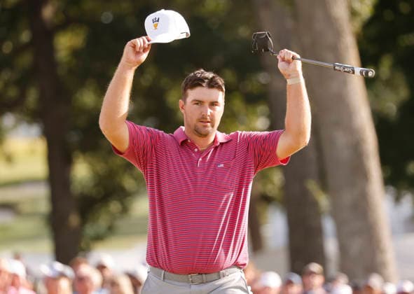 Chris Gotterup of the United States celebrates after winning his singles match against International team player Christiaan Bezuidenhout of South Africa on the final day of the 2026 President s Cup golf tournament at Medinah Country Club in Chicago, Illinois, on Sunday, September 27, 2026.  CHI20260927811 TANNENxMAURY