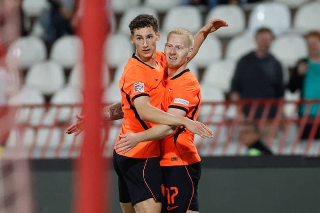 BELGRADE, SERBIA - SEPTEMBER 27: Ruben van Bommel of Netherlands Mexx Meerdink of Netherlands celebrating the 1-2 during the UEFA Nations League match between Serbia and Netherlands at on September 27, 2026 in Belgrade, Serbia.  Copyright: xDijksxMedia MBxMediax