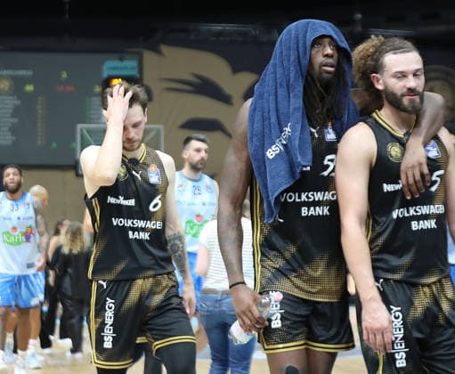 Ferdinand Zylka (Basketball Loewen Braunschweig), Tajh Green (Basketball Loewen Braunschweig), Devin Askew (Basketball Loewen Braunschweig) Basketball, Herren, Saison 2026 2027, easyCredit Basketball-Bundesliga, Basketball Loewen Braunschweig gegen Rostock Seawolves, 83-82