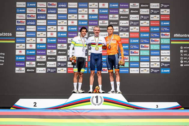 MATTHEWS Michael, MCNULTY Brandon, VAN DER POEL Mathieu: UCI Road cycling, Rad, Radsport, Strasse World Championships - Montreal Canada 2026 MATTHEWS Michael ( AUS ) - Australia Second Place - MCNULTY Brandon ( USA ) USA Winner - First Place VAN DER POEL Mathieu ( NED ) Netherlands Third Place - Award Ceremony Medal Ceremony Podium - Querformat - quer - horizontal - Landscape - Event Veranstaltung: UCI Road Cycling World Championships Montreal-Canada 2026 - Category Kategorie: Cycling - Road Cycling World Championships Elite Men - Location Ort: North America - Canada - Quebec - Montreal - Start: Brossard - Finish: Montreal Road Race ( RR ) - Distance: 273,4 km - Date Datum: 27.09.2026 Sunday Day 7 -