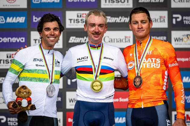 MATTHEWS Michael, MCNULTY Brandon, VAN DER POEL Mathieu: UCI Road cycling, Rad, Radsport, Strasse World Championships - Montreal Canada 2026 MATTHEWS Michael ( AUS ) - Australia Second Place - MCNULTY Brandon ( USA ) USA Winner - First Place VAN DER POEL Mathieu ( NED ) Netherlands Third Place - Award Ceremony Medal Ceremony Podium - Querformat - quer - horizontal - Landscape - Event Veranstaltung: UCI Road Cycling World Championships Montreal-Canada 2026 - Category Kategorie: Cycling - Road Cycling World Championships Elite Men - Location Ort: North America - Canada - Quebec - Montreal - Start: Brossard - Finish: Montreal Road Race ( RR ) - Distance: 273,4 km - Date Datum: 27.09.2026 Sunday Day 7 -