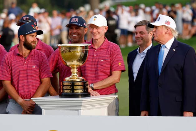 MEDINAH, IL - SEPTEMBER 27: President of the United States Donald J. Trump talks with Cameron Young of the United States and United States captain Brandt Snedeker before the trophy presentation following the Presidents Cup, September 27, 2026, at Medinah Country Club in Medinah, Illinois. (Photo by Matthew Maxey Icon Sportswire) GOLF: SEP 27 Presidents Cup EDITORIAL USE ONLY Icon260927062