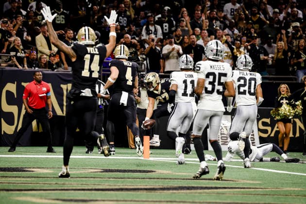 NEW ORLEANS, LA - SEPTEMBER 27: Noah Fant 87 of the New Orleans Saints scores against the Las Vegas Raiders during the second half of an NFL, American Football Herren, USA game on September 27. 2026, at Caesars Superdome in New Orleans, Louisiana. (Photo by Derick Hingle Icon Sportswire) NFL: SEP 27 Raiders at Saints EDITORIAL USE ONLY Icon12626927036