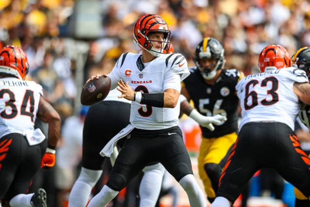 September 27, 2026, Pittsburgh, Pennsylvania, USA: Cincinnati Bengals quarterback JOE BURROW (9) throws a pass during the NFL, American Football Herren, USA football game between the Pittsburgh Steelers and the Cincinnati Bengals in Pittsburgh, Pennsylvania. NFL 2026: Bengals 27: 30 Steelers  - ZUMAg257 20260927_zsp_g257_007 Copyright: xBrentxGudenschwagerx