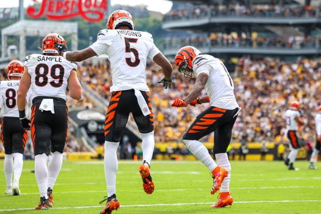 September 27, 2026, Pittsburgh, Pennsylvania, USA: Cincinnati Bengals wide receivers TEE HIGGINS (5) and JA MARR CHASE (1) celebrate after a touchdown during the NFL, American Football Herren, USA football game between the Pittsburgh Steelers and the Cincinnati Bengals in Pittsburgh, Pennsylvania. Pittsburgh USA - ZUMAg257 20260927_zsp_g257_083 Copyright: xBrentxGudenschwagerx
