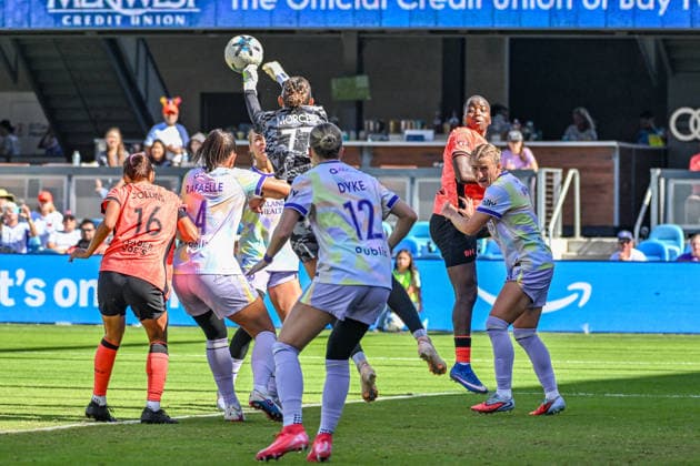 SAN JOSE, CA - SEPTEMBER 27: Orlando Pride goalkeeper Cosette MorchÃ (77) pounds a corner kick back out into mid-field during the Latino Heritage match between Orlando Pride and Bay FC on Sunday, September 27, 2026 at PayPal Stadium in San Jose, California. (Photo by Douglas Stringer Icon Sportswire) SOCCER: SEP 27 NWSL Bay FC vs Orlando Pride EDITORIAL USE ONLY Icon260927012