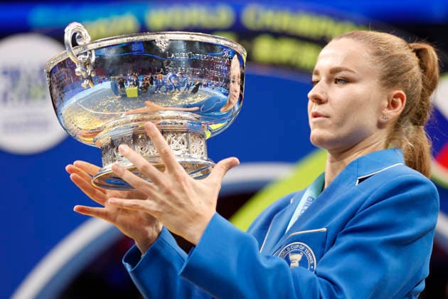 Czech tennis player Karolina Muchova poses with the 2026 Billie Jean King Cup trophy on September 27, 2026, in Shenzhen, China. (CTKxPhoto PavelxLebeda) CTKPhotoF202609280000901  CTKPhotoF202609280000901