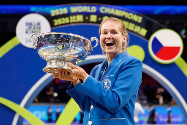 Czech tennis player Marie Bouzkova poses with the 2026 Billie Jean King Cup trophy, September 27, 2026, Shenzhen, China. (CTKxPhoto PavelxLebeda) CTKPhotoF202609280001001  CTKPhotoF202609280001001