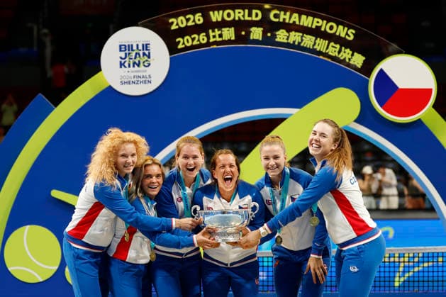 The Czech team, consisting of Katerina Siniakova, Sara Bejlek, Marie Bouzkova, non-playing captain Barbora Strycova, Karolina Muchova, and Linda Noskova during the victory ceremony following their win in the final match against Ukraine at the 2026 Billie Jean King Cup on September 27, 2026, in Shenzhen, China. (CTKxPhoto PavelxLebeda) CTKPhotoF202609280001301  CTKPhotoF202609280001301