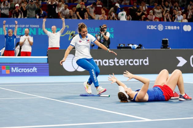 Non-playing captain Barbora Strycova and Linda Noskova celebrate their victory in the final match against Ukraine at the 2026 Billie Jean King Cup on September 27, 2026, in Shenzhen, China. (CTKxPhoto PavelxLebeda) CTKPhotoF202609280002801  CTKPhotoF202609280002801