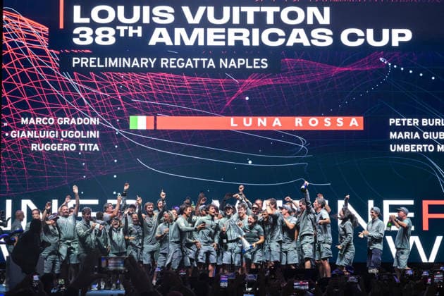 September 27, 2026, Napoli, Naples, Naples, Italy: The celebration of crew members and their staff enjoying the celebrations.. Gaetano Manfredi, Mayor of Naples, Roberto Fico, President of the Campania Region Minister or & Youth Andrea Abodi, CEO, Ceo of America s Cup Partnership Marzio Perrelli, and the President of Sport and Salute Marco Mezzaroma.had given prizes created by Neapolitan artist Lello Esposito (not in the pic) to Luna Rossa 1 Team (Italy) members for the winning of the Louis Vuitton 38th America s Cup Preliminary Regatta and to Emirates Women and Youth groups Prize Giving To Luna Rossa Team In Naples - ZUMAf172 0867986901st Copyright: xValeriaxFerrarox
