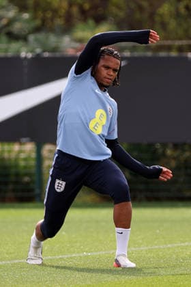 Rio Ngumoha of England during their training a session at Tottenham Hotspur Training Ground, Enfield. Picture date: 28th September 2026. Picture credit should read: David Klein Sportimage EDITORIAL USE ONLY. No use with unauthorised audio, video, data, fixture lists, club league logos or live services. Online in-match use limited to 120 images, no video emulation. No use in betting, games or single club league player publications. SPI_033_DK_England_Training SPI-5048-0033