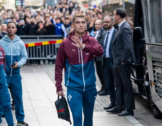 MALMO 2026-09-28 Cristiano Ronaldo and the rest of the Portugal national football team outside leave there hotel in Malmo, Sweden, on Sept. 28, 2026, for a training session. Portugal will face Denmark in the Nations League in Copenhagen on Thursday, but are based in Malmö. MALMÖ SWEDEN x50090x