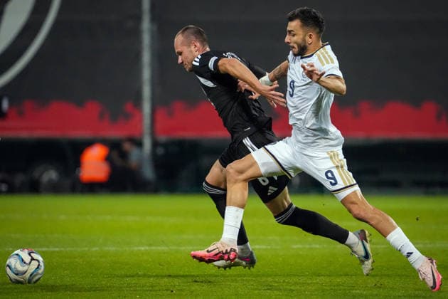 September 28, 2026, RÄÂ«Ga, Latvija: Latvian player EDUARDS EMSIS (L) vies with IOANNIS PITTAS of Cyprus during UEFA Nations League Ã¢â‚¬ League C match in Riga, Latvia, Sept. 28, 2026. UEFA Nations League Ã¢â‚¬ League C Match Latvia Vs Cyprus  - ZUMAp305 20260928_zip_p305_002 Copyright: xEdijsxPalensx