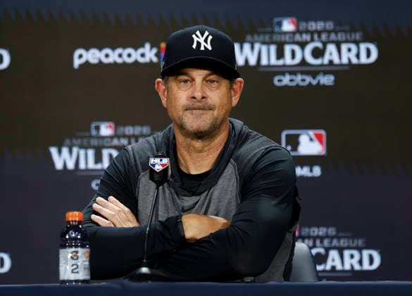 New York Yankees manager Aaron Boone speaks at a press conference, PK, Pressekonferenz one day before the start of the MLB, Baseball Herren, USA American League Wild-Card Series against the Boston Red Sox at Yankee Stadium on Monday, September 28, 2026 in New York City.  NYP20260928101 JOHNxANGELILLO