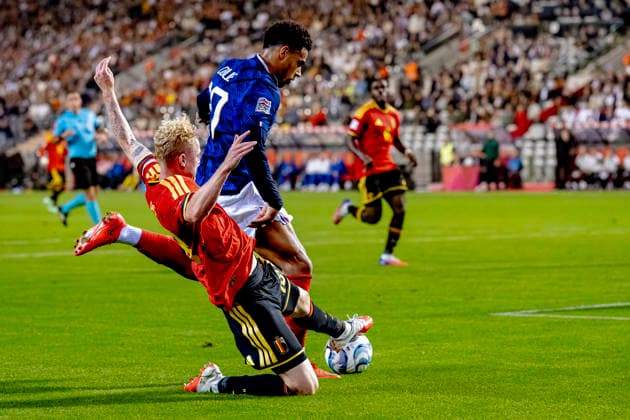 BRUSSEL - BelgiÃ« midfielder Joaquin Seys, Frankrijk forward DÃ sirÃ DouÃ during the UEFA Nations League match between Belgie and Frankrijk at Koning Boudewijn Stadion on 28 September 2026 in Brussel, Belgie. (Photo by DeFodi Images) -
