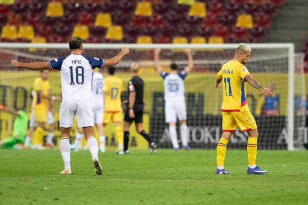Monday, 28 Sep 2026, UEFA Nations League 2026, League phase, Matchday 2 League B, Group B4 Romania vs Bosnia and Herzegovina, National Arena Stadium, Bucharest, Romania Bosnia scores their fourth goal of the mach 18 Nikola Katic celebrates with team mates