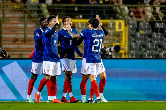 BRUSSEL - Frankrijk midfielder Michael Olise scores to make it 0-1 and celebrates the goal during the UEFA Nations League match between Belgie and Frankrijk at Koning Boudewijn Stadion on 28 September 2026 in Brussel, Belgie. (Photo by DeFodi Images) -