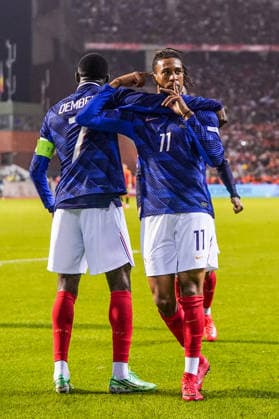 2026-09-28 Belgium v France - UEFA Nations League BRUSSELS, BEL - SEPTEMBER 28: Michael Olise of france celebrates with teammates after scoring his teams first goal, Ousmane Dembele of france during the UEFA Nations League match between Belgium and France at King Baudouin Stadium on September 28, 2026 in Brussels, BEL. Brussels King Baudouin Stadium BEL Content not available for redistribution in The Netherlands directly or indirectly through any third parties. Copyright: xAndrexWeeningx