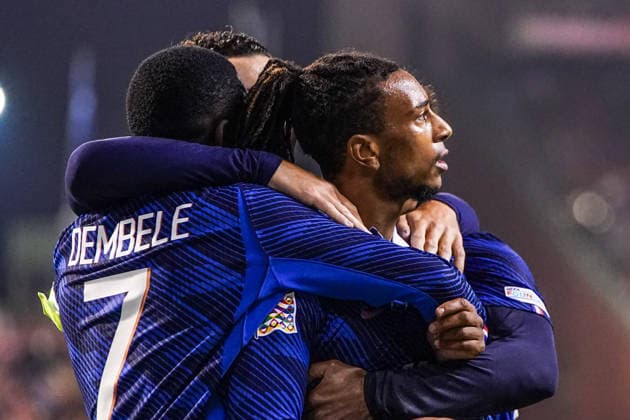 2026-09-28 Belgium v France - UEFA Nations League BRUSSELS, BEL - SEPTEMBER 28: Michael Olise of france celebrates with teammates after scoring his teams first goal, Ousmane Dembele of france during the UEFA Nations League match between Belgium and France at King Baudouin Stadium on September 28, 2026 in Brussels, BEL. Brussels King Baudouin Stadium BEL Content not available for redistribution in The Netherlands directly or indirectly through any third parties. Copyright: xAndrexWeeningx
