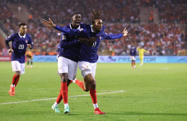 UEFA Nations League - Belgium v France BRUSSELS, BELGIUM, SEPTEMBER 28: GOAL 1-0, Michael Olise of France national team, Nationalteam goal celebration with Ousmane Dembele of France National Team after scoring a goal to put France 1-0 ahead during The UEFA Nations League Group Stage match in Group A1 between Belgium v France at King Baudouin Stadium, Brussels, Belgium, on September 28. (Photo by Daniel Weir) Brussels King Baudouin Stadium BELGIUM Copyright: xDanielxWeir SportsxPressxPhotox Sportspressphoto_SPR241963