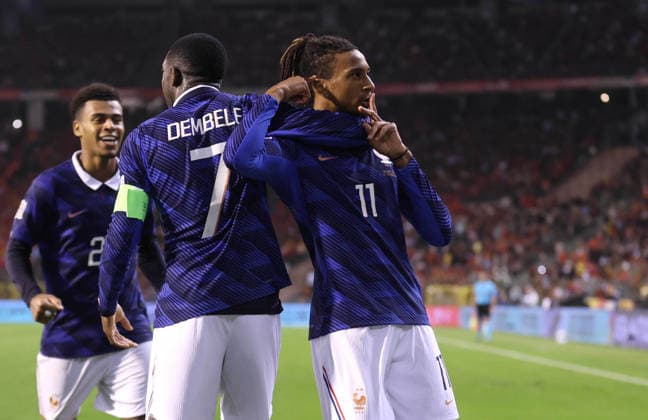 UEFA Nations League - Belgium v France BRUSSELS, BELGIUM, SEPTEMBER 28: GOAL 1-0, Michael Olise of France national team, Nationalteam goal celebration with Ousmane Dembele of France National Team after scoring a goal to put France 1-0 ahead during The UEFA Nations League Group Stage match in Group A1 between Belgium v France at King Baudouin Stadium, Brussels, Belgium, on September 28. (Photo by Daniel Weir) Brussels King Baudouin Stadium BELGIUM Copyright: xDanielxWeir SportsxPressxPhotox Sportspressphoto_SPR241965