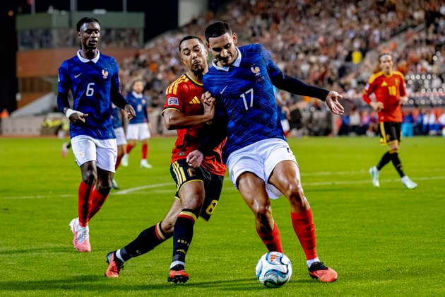 BRUSSEL - BelgiÃ« midfielder Youri Tielemans, Frankrijk defender Maxence Lacroix during the UEFA Nations League match between Belgie and Frankrijk at Koning Boudewijn Stadion on 28 September 2026 in Brussel, Belgie. (Photo by DeFodi Images) -