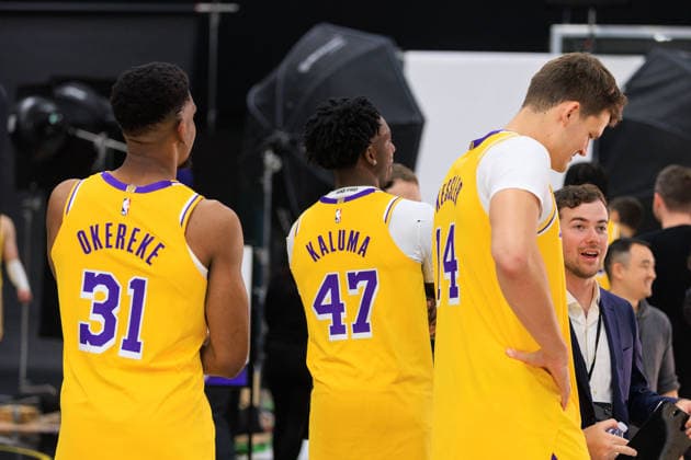September 28, 2026, El Segundo, California, USA: AK Okereke 31, Arthur Kaluma 47 and Walker Kessler 14 of the Los Angeles Lakers during Media Day on Monday September 28, 2026 at the UCLA Health Training Center in El Segundo, California. JAVIER ROJAS PI El Segundo USA - ZUMAp124 20260928_zaa_p124_195 Copyright: xJavierxRojasx
