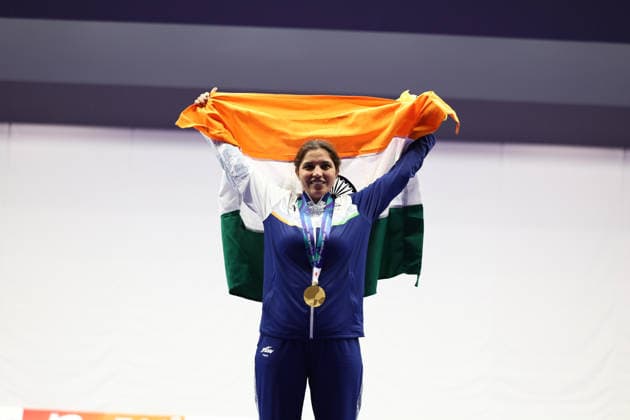 Asian Games 2026 Aichi-Nagoya, Japan India™s Neeru celebrates after winning the Gold Medal in the Women™s Trap Individual event at the Aichi Prefecture General Shooting Gallery, Aichi, Japan, on September 29, 2026. Sun Yunong of China won Silver, while Hajar Abdulmalik of Kuwait secured Bronze. Aichi, Nagoya Nagoya Japan Copyright: xSeshadrixSukumarx