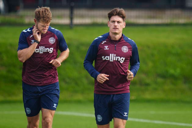 Denmark Nations League Joakim Maehle and Joachim Andersen during the training session at the national football team s gathering in Helsingoer on Tuesday, September 29, 2026. Denmark will play a Nations League match against Portugal in Parken on Thursday. (Photo: Liselotte Sabroe Ritzau Scanpix) , Copenhagen Denmark Copyright: Ritzau Scanpix LiselottexSabroex spdk20260929-123608-L