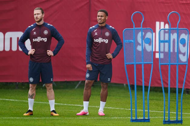 Denmark Nations League Kasper Hoegh and Nikolas Nartey during training at the national football team s gathering in Helsingoer on Tuesday, September 29, 2026. Denmark plays a Nations League match on Thursday at Parken against Portugal. (Photo: Liselotte Sabroe Ritzau Scanpix) , Copenhagen Denmark Copyright: Ritzau Scanpix LiselottexSabroex spdk20260929-120533-L